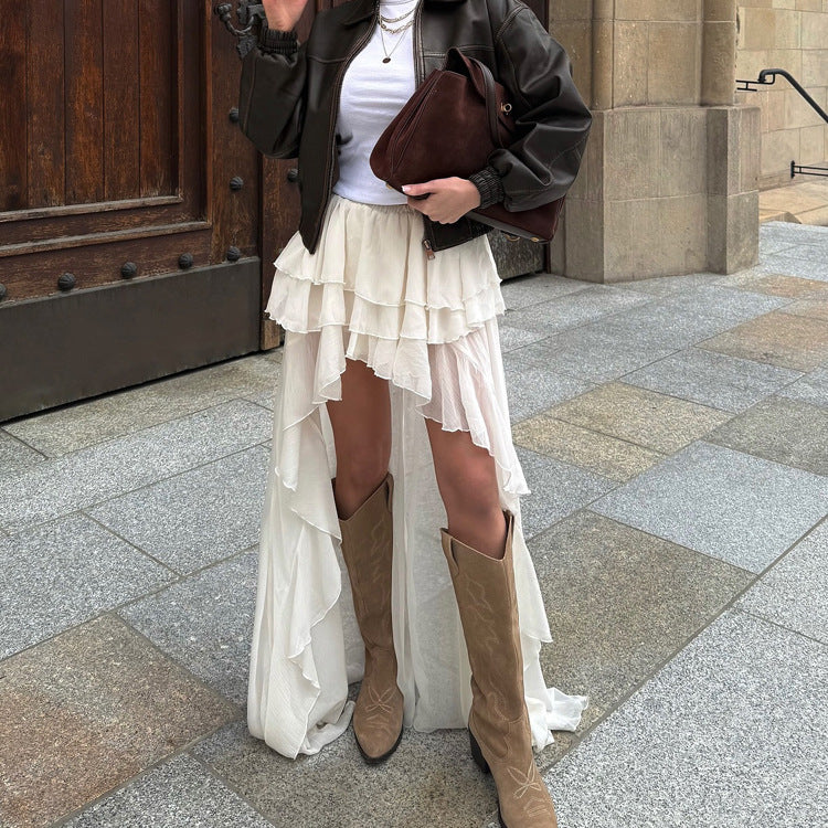 Casual Irregular Asymmetric Hem Women Spring Autumn Wild Elastic Waist A line Skirt