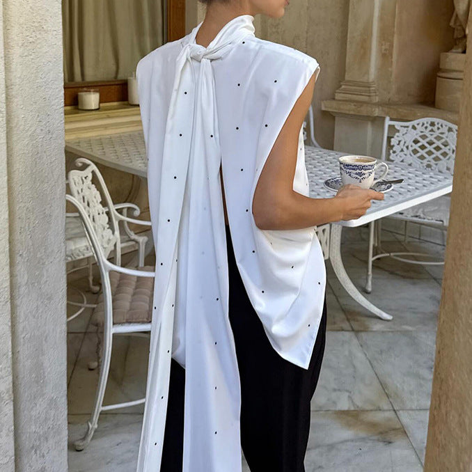 Gentle Polka Dot Split Backless Lace up Bow Stand Collar Vest Women Elegance Sleeveless Top