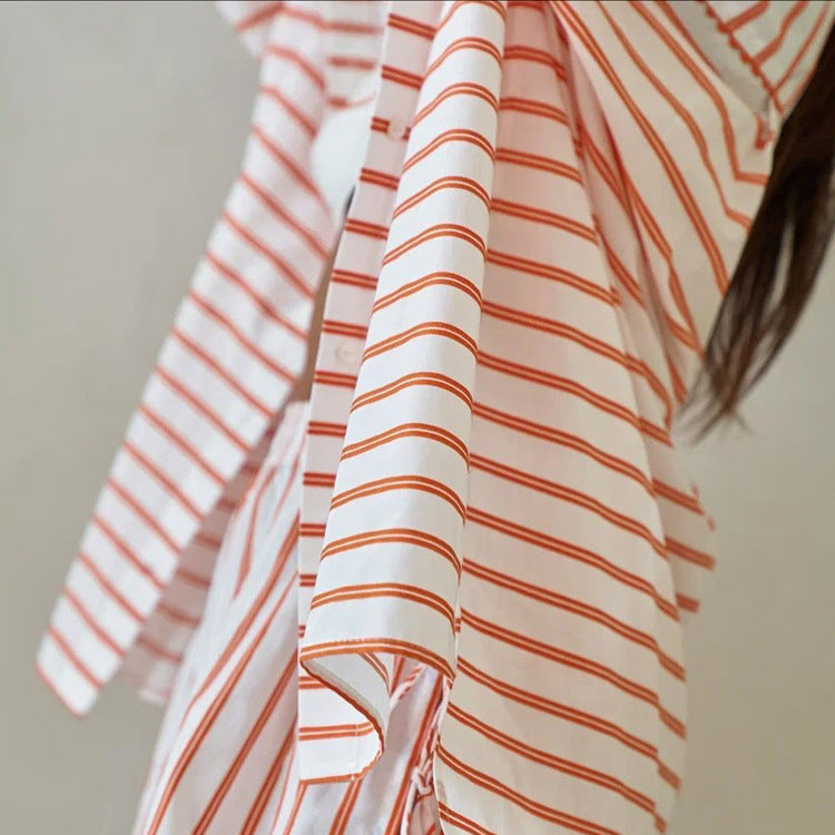 Striped Shirt Outfit Women Summer Polo Collar Long Sleeve Cardigan Top Shorts Two Piece Set