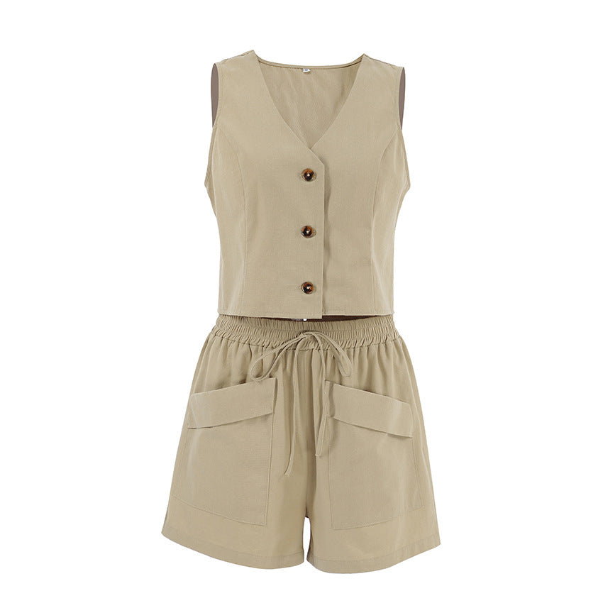 Khaki Cotton Linen Sleeveless Vest Waistcoat Vest Pants Summer Two Piece Set