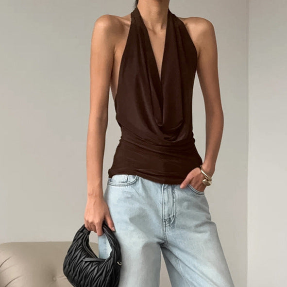 Sexy Low Cut Halter Swing Collar Sleeveless Vest Women French Minority Slimming Sense of Design Top