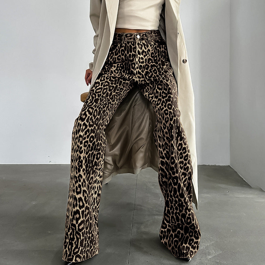 Summer Retro Street Loose Low Waist Leopard Print Trousers Cotton Wide Leg Pants Casual Pants Women