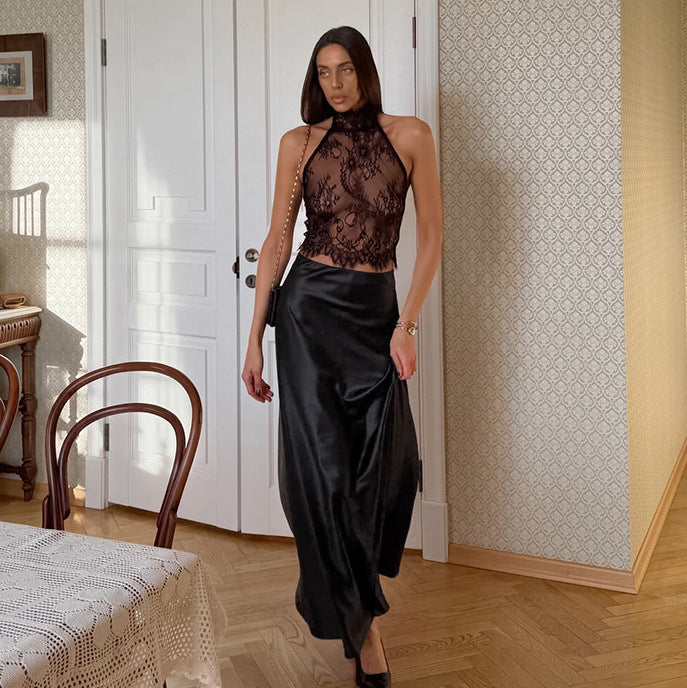 Sexy Women Backless Black Lace See through Halterneck Vest Satin High Waist Skirt Two Piece Set