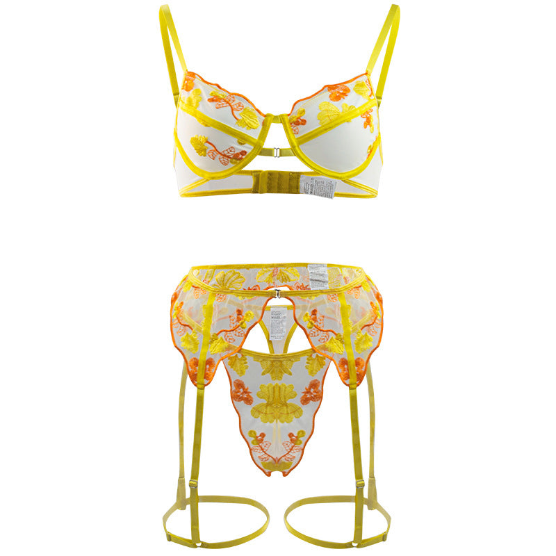 Sexy Lingerie Yellow Embroidery Floral Garter Sexy Mesh See through Hollow Out Cutout out Gathering Bra