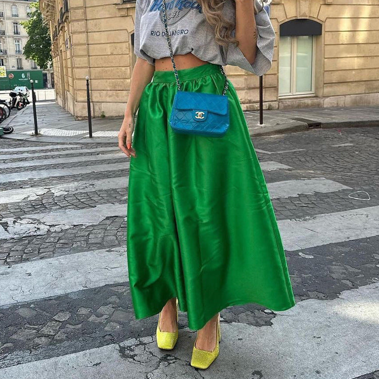 Women Clothing Satin Green Skirt Long Skirt Women Summer Simple High Waist Big Swing Umbrella Skirt