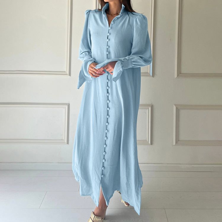 Early Spring Solid Color Long Sleeve Stand Collar Design Shirt Dress Women French Casual Slit Maxi Dress