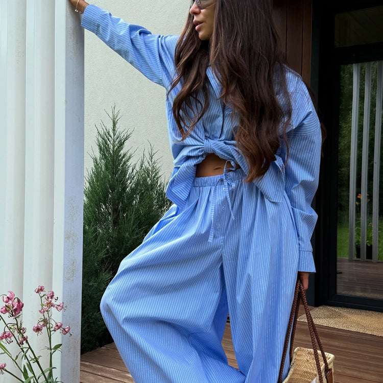 Women Clothing Striped Shirt Outfit Polo Collar Long Sleeve Shirt Loose Fit Tappered Trousers Casual Two Piece Sets