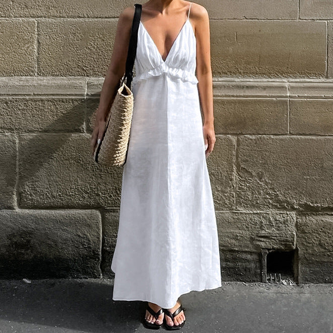 Robe longue ample sexy en coton , col en V et volants