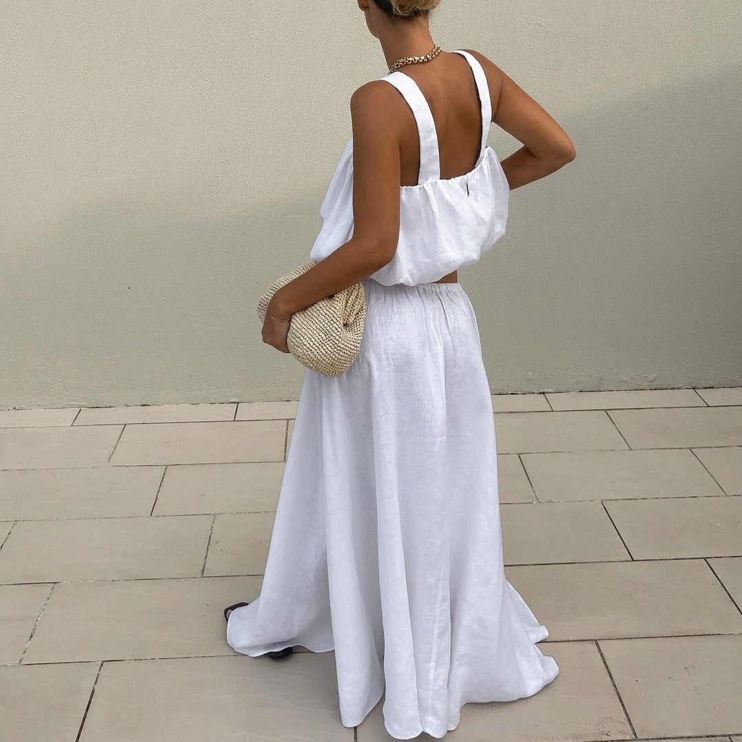 Pure Cotton White Women Summer Design Short Cropped Vest Loose Skirt Two Piece Set