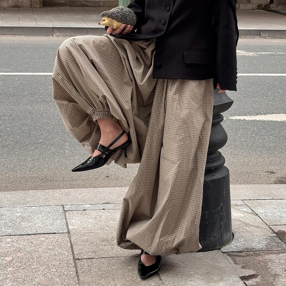 Retro Brown Bloomers Autumn Loose Fitting Lightweight Thin Breathable Plaid Trousers Casual Pants