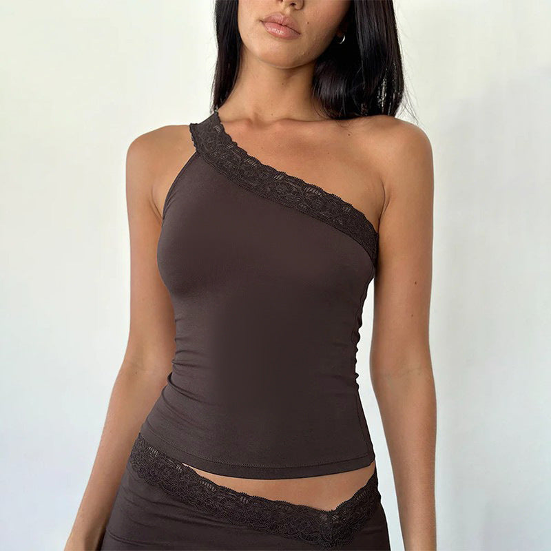 Spring Vest Street Sexy Oblique Shoulder Lace Patchwork Top Women