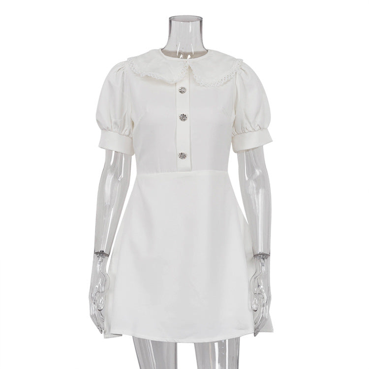 Summer French Dress High Sense Peter Pan Collar Short Sleeve Slim Fit Elegant A Line Dress