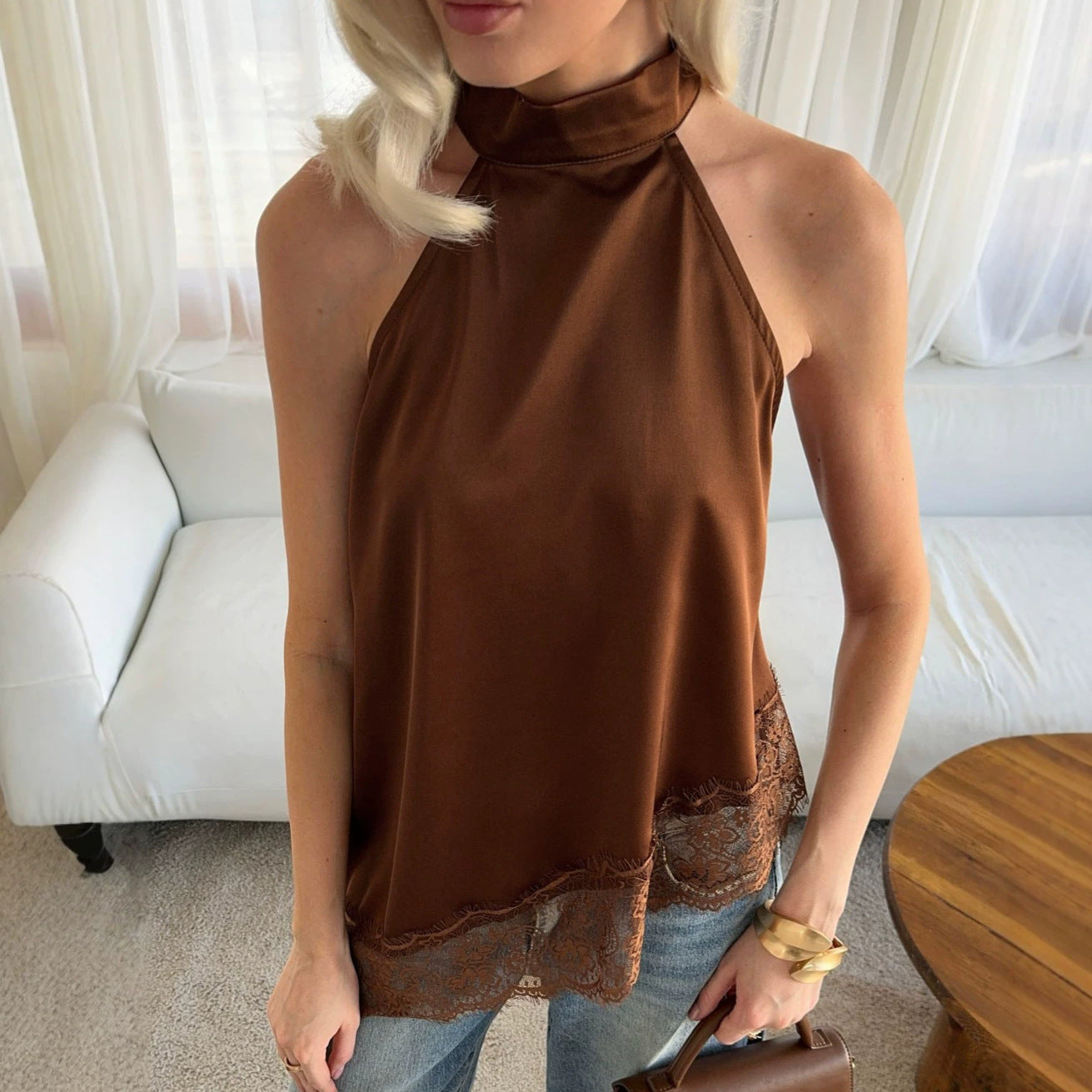 Summer Halter Slim Fit Brown Lace Stitching Satin Artificial Silk Vest Women