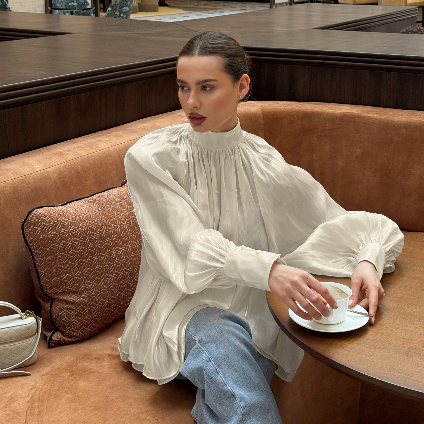 French Entry LUX Design Half Turtleneck Lantern Sleeve Shirt Women Spring Autumn Elegant High Grade Top