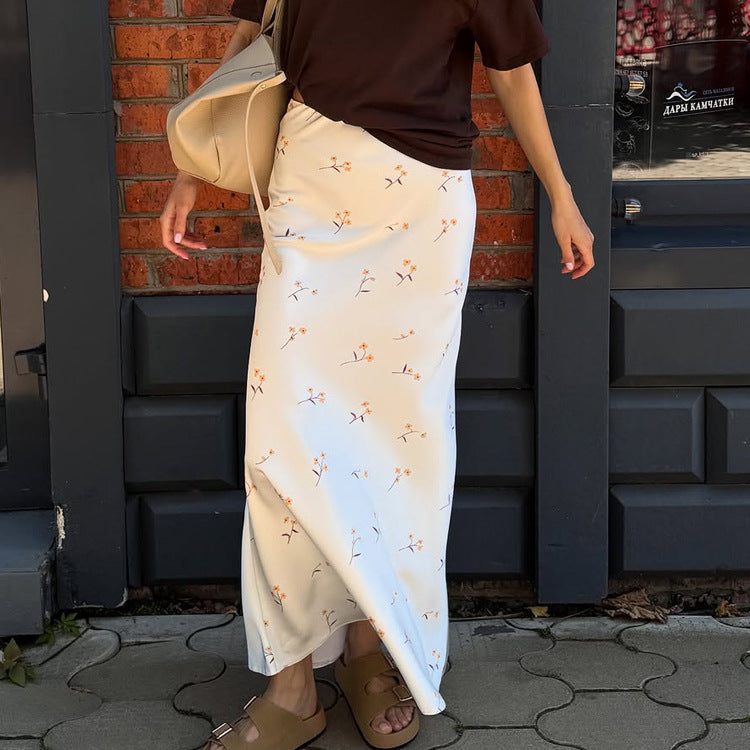Women Wear High Grade Satin Skirt Women Summer Elastic Waist Casual Printed Dress