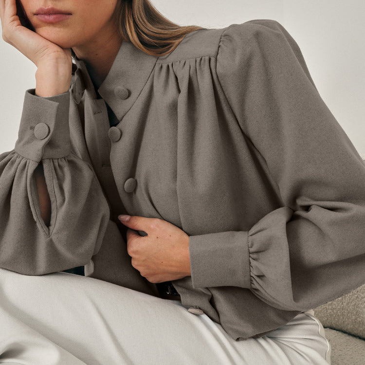 Women Casual Shirt Women Stand up Collar Long Sleeved Short All Match Shirt