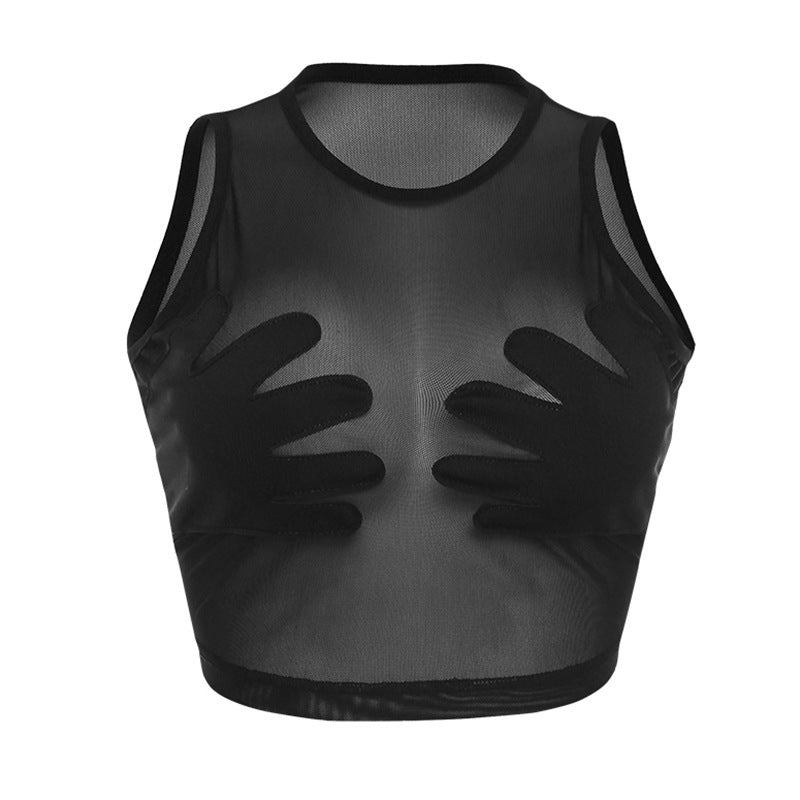 Summer Women round Neck Sleeveless See-through Mesh Patchwork Palm Creative Vest for Women