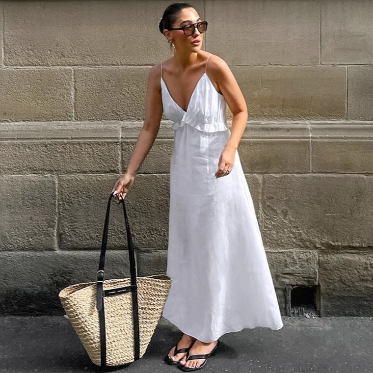 Robe longue ample sexy en coton , col en V et volants