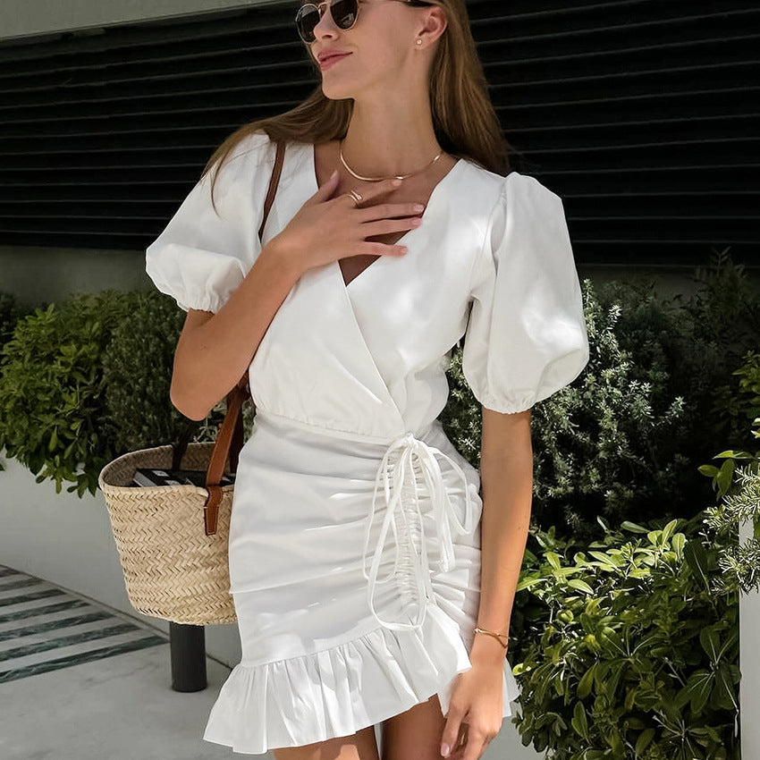 French Sexy V neck Puff Sleeve Drawstring High Waist Dress Summer White