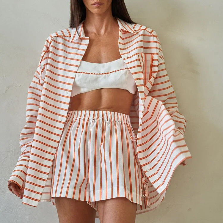 Striped Shirt Outfit Women Summer Polo Collar Long Sleeve Cardigan Top Shorts Two Piece Set