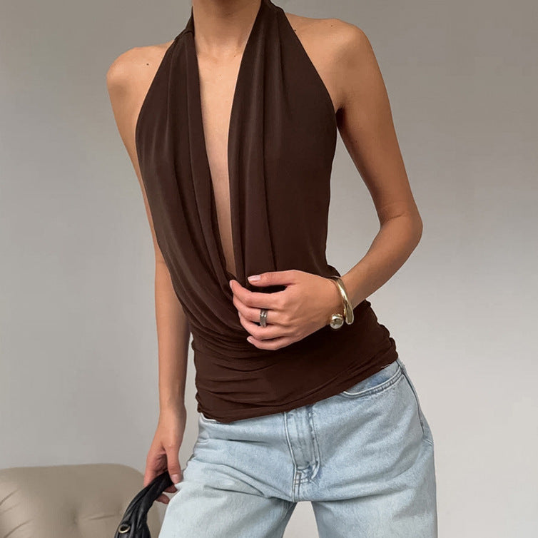Sexy Low Cut Halter Swing Collar Sleeveless Vest Women French Minority Slimming Sense of Design Top