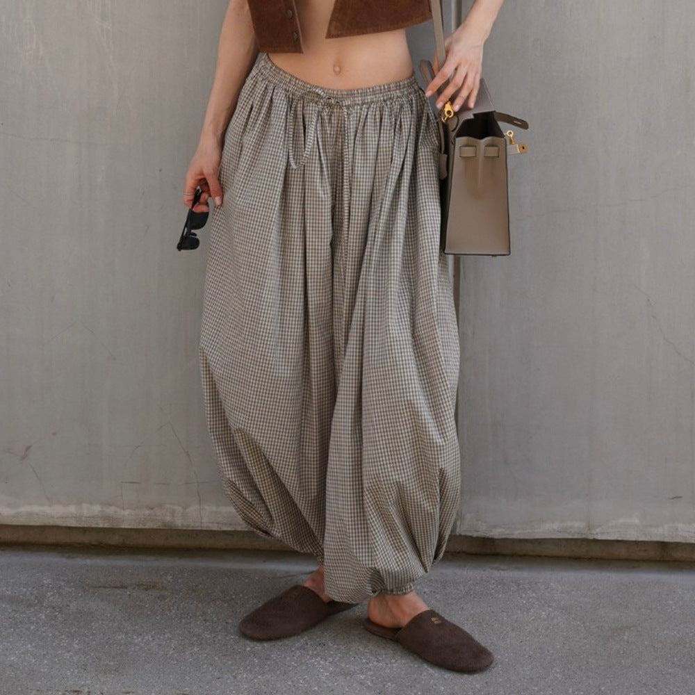 Retro Brown Bloomers Autumn Loose Fitting Lightweight Thin Breathable Plaid Trousers Casual Pants