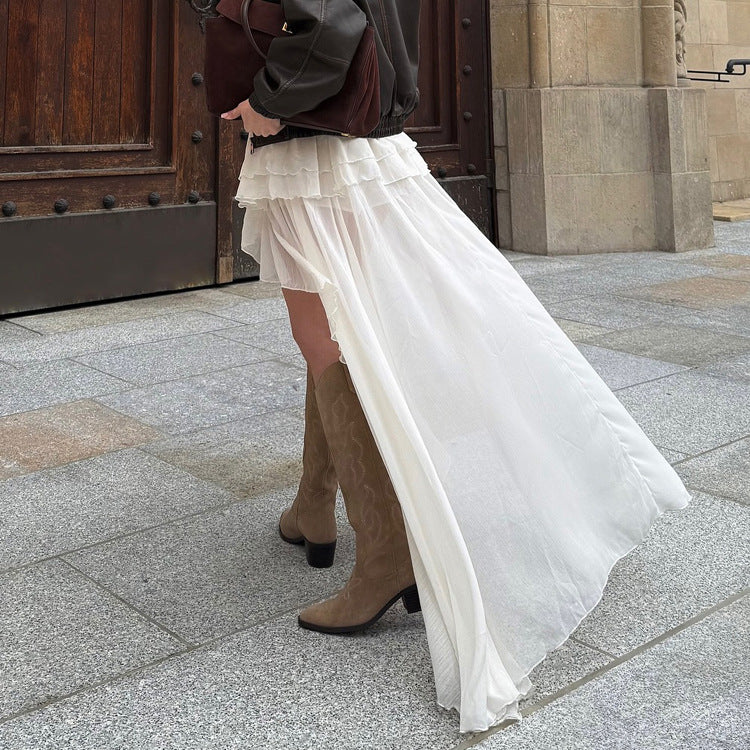 Casual Irregular Asymmetric Hem Women Spring Autumn Wild Elastic Waist A line Skirt