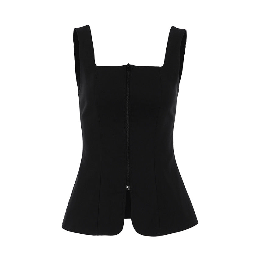 Summer Design Double Zipper Vest Square Neck Cinched Split Office All Matching Women Top
