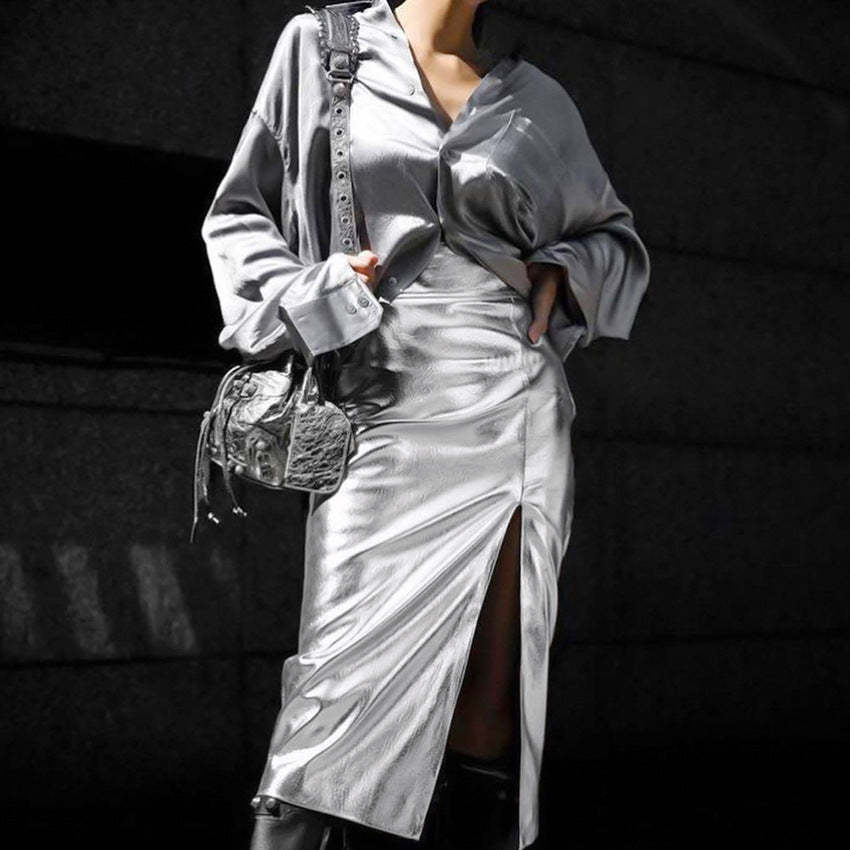Metallic Coated Fabric Silver Artificial Futuristic High Waist Slit Skirt Autumn Women Clothing