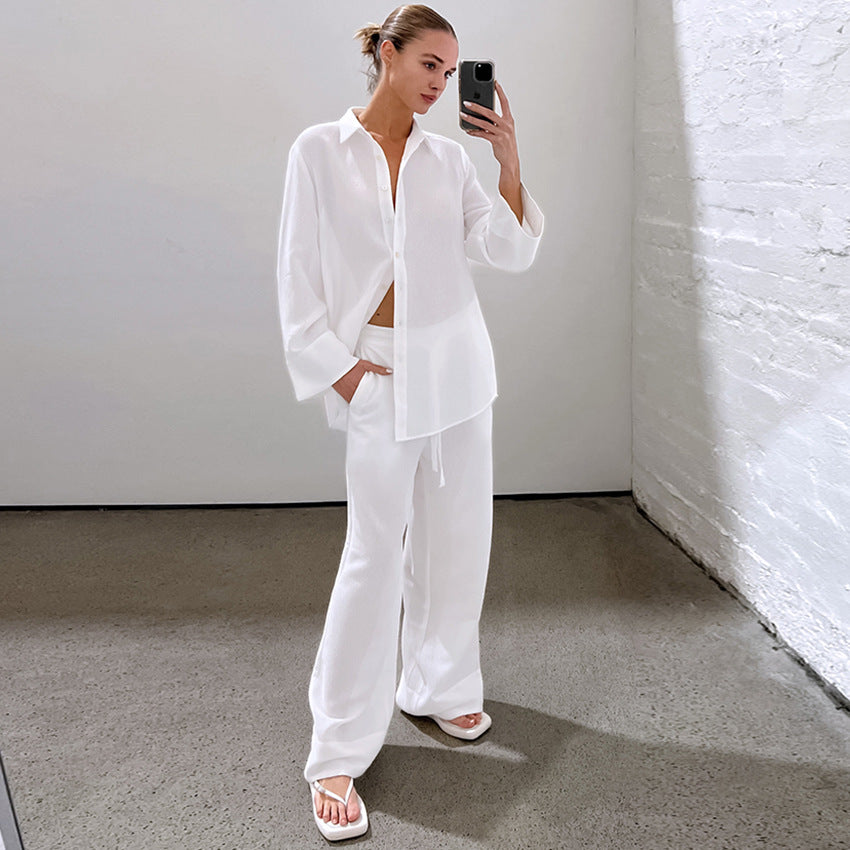 White Skin Friendly Pure Cotton Fabric Long Coat Trousers Set Summer Neutral Minimalist Street Women