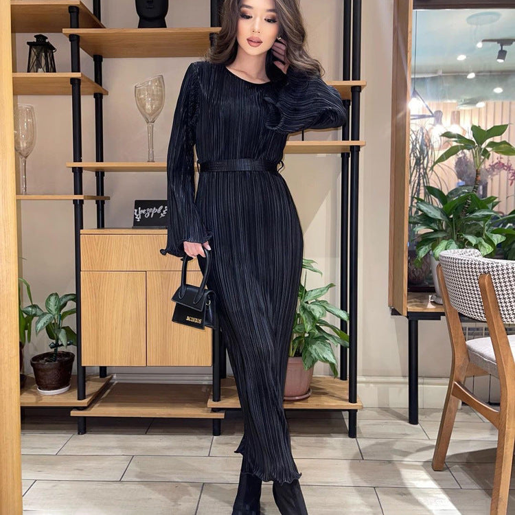 Dress Women Autumn round Neck Tied Horn Long Sleeve Long Pleated Dress