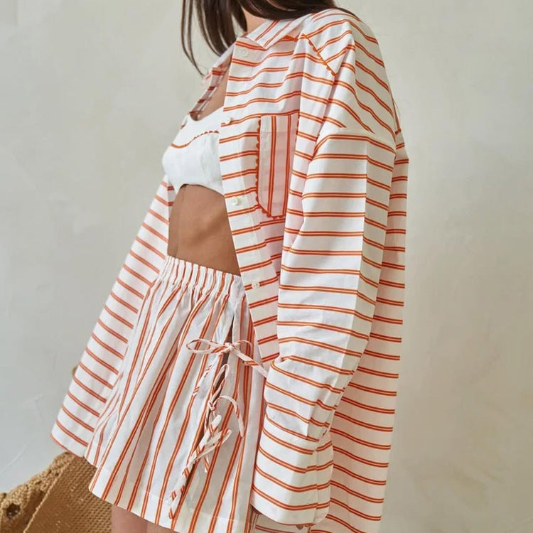 Striped Shirt Outfit Women Summer Polo Collar Long Sleeve Cardigan Top Shorts Two Piece Set