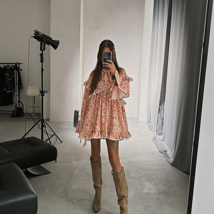 Women Clothing Spring Summer Printed Dress Flared Sleeves Lace up Dress Women