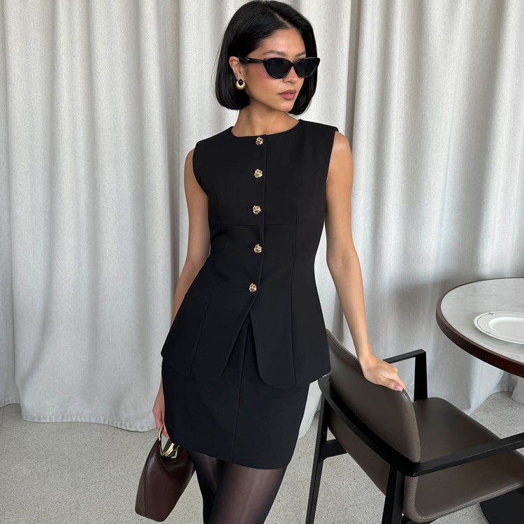 Office Vest Jacket Women Arrival round Neck Sleeveless Top Skirt Two Piece Set