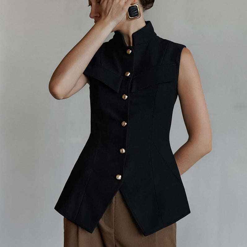 Women Clothing Spring Summer Stand Collar Breasted Sleeveless Waist Split Top Vest