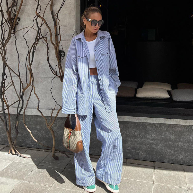 Blue Color Striped Collared Shirt Long Sleeve Wide Leg Pants Suit Loose Women Clothing