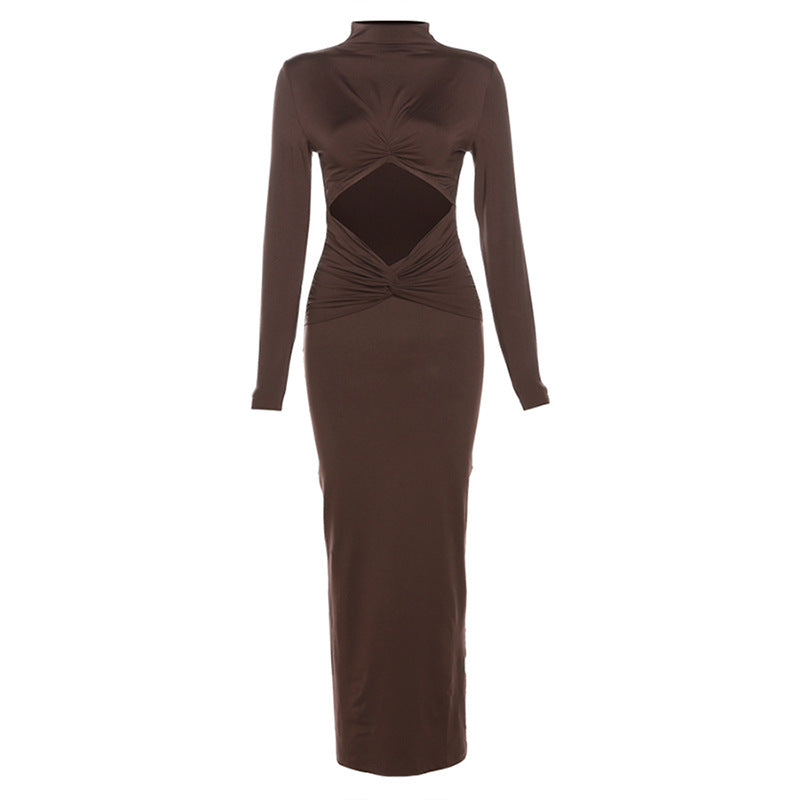 Autumn Winter Women Clothing Hollowed Out Sexy Pleated Tight Waist Slim Dress Women