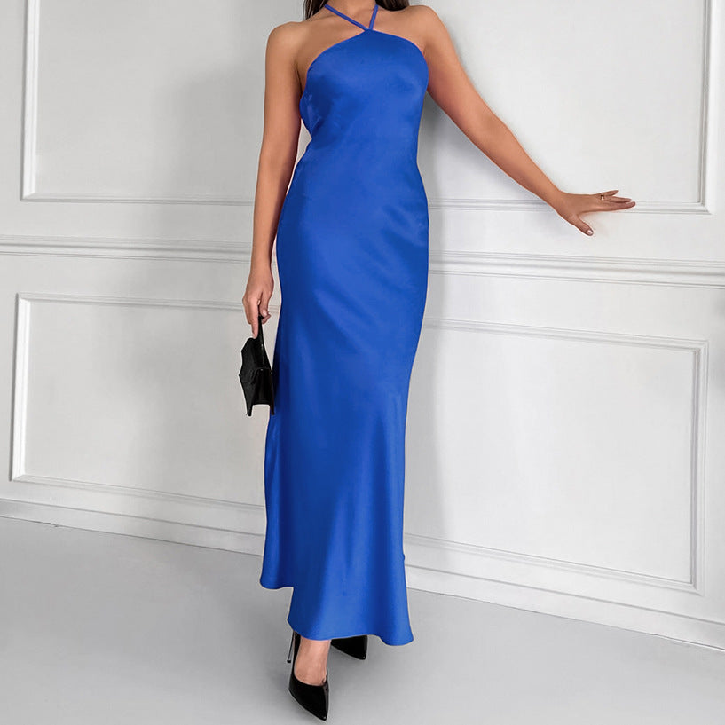 Sexy Sleeveless Halter High Waist Satin Dress Small Dress Fishtail Long Dress Women