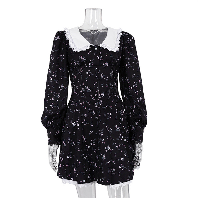 Spring Women Clothing Long Sleeve Floral Short Dress Design Doll Collar Tight Waist A- line Dress