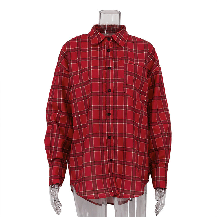 Autumn Women Clothing Red Pattern Shirt outside Women Casual Loose Long Sleeve Shirt