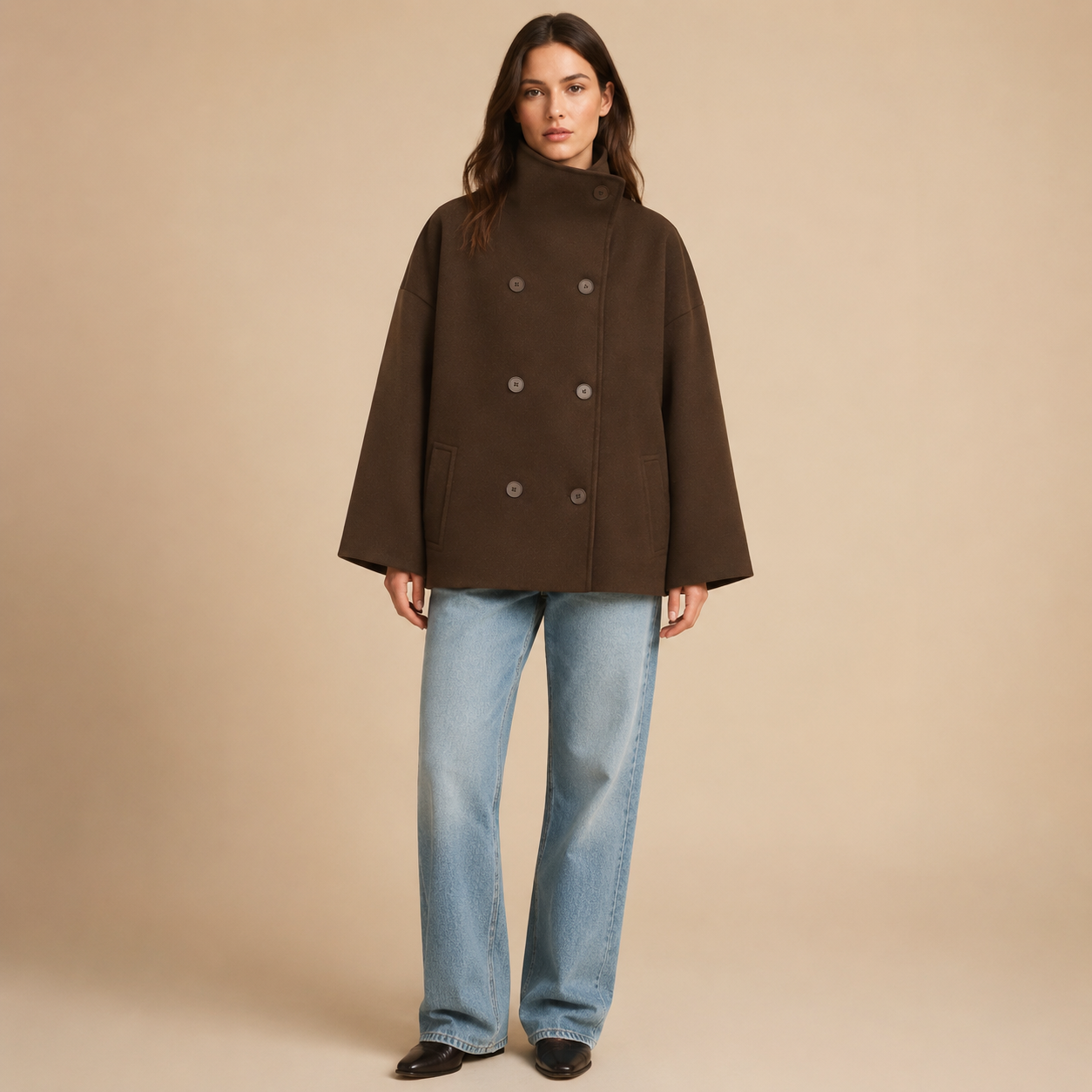 Manteau OLIVIA brun porté, vue de face