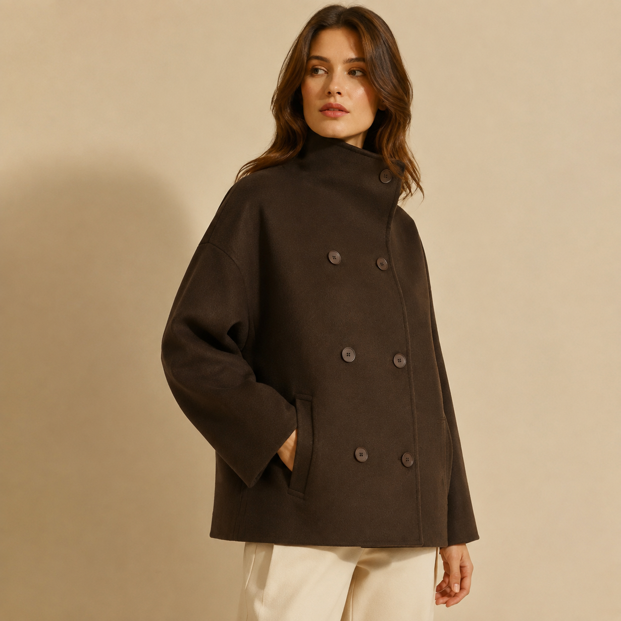 Manteau OLIVIA brun porté, vue trois-quarts