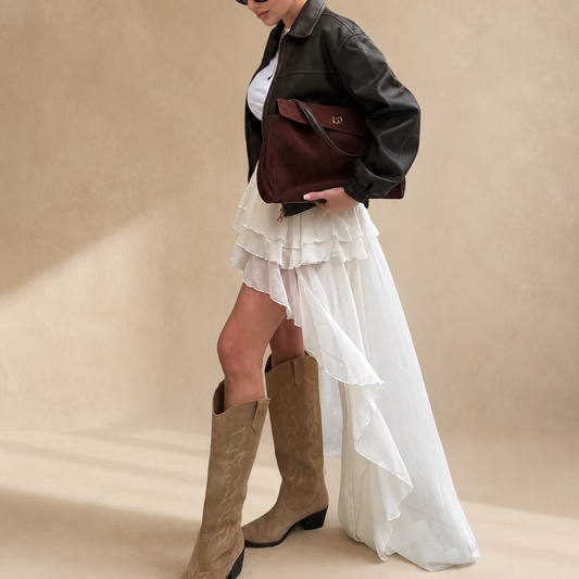 Jupe ALMA asymétrique — vue 2 studio beige