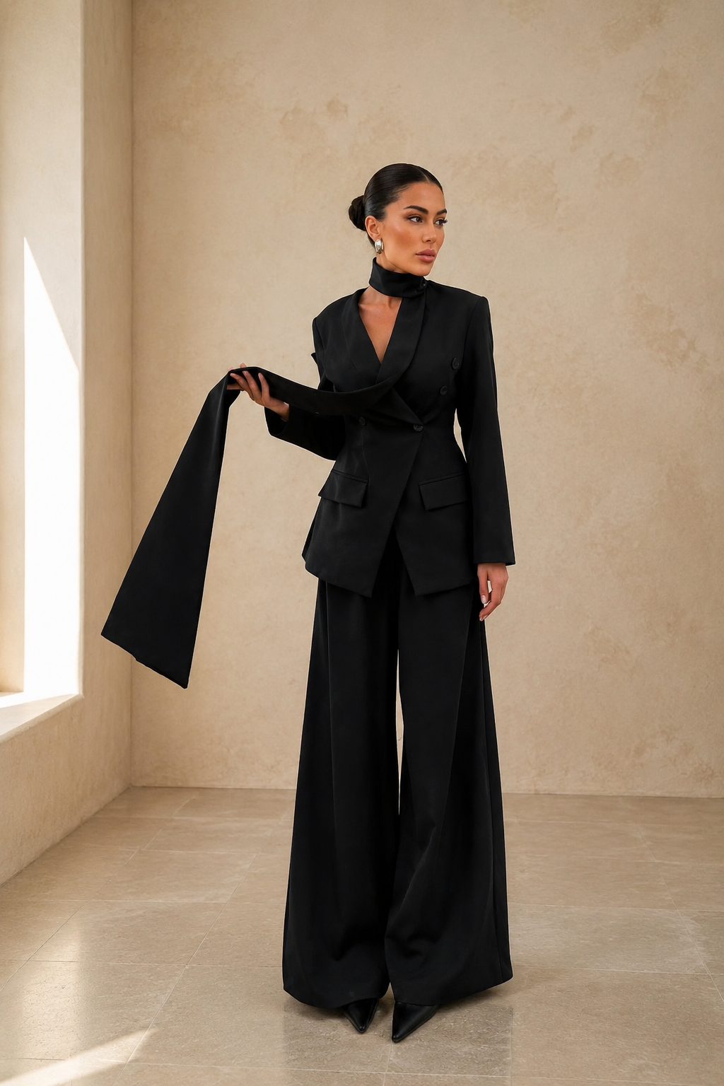 Ensemble NORA noir porté dans un studio beige