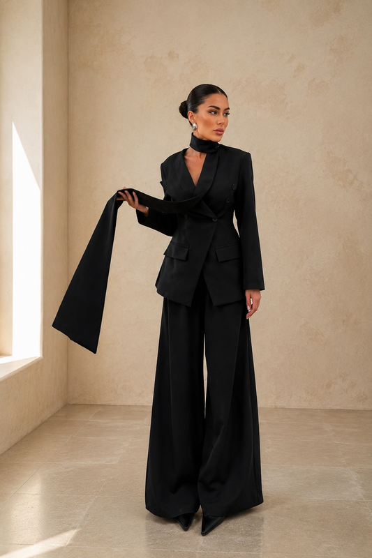 Ensemble NORA noir porté dans un studio beige