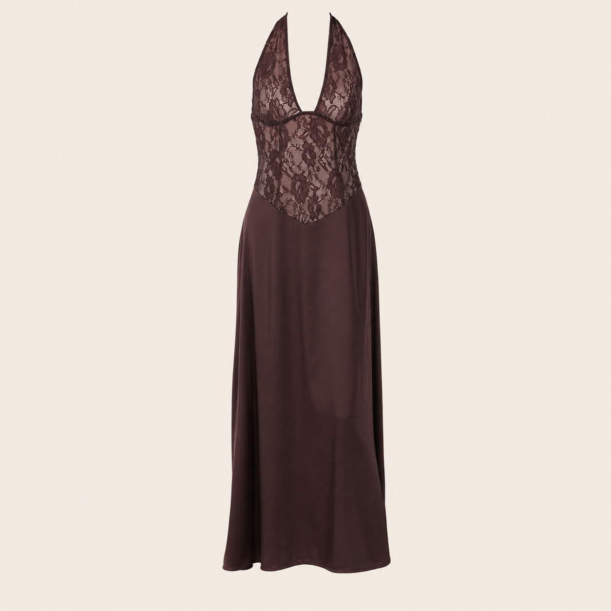 Robe longue dos nu à détails dentelle — vêtement seul sur fond beige