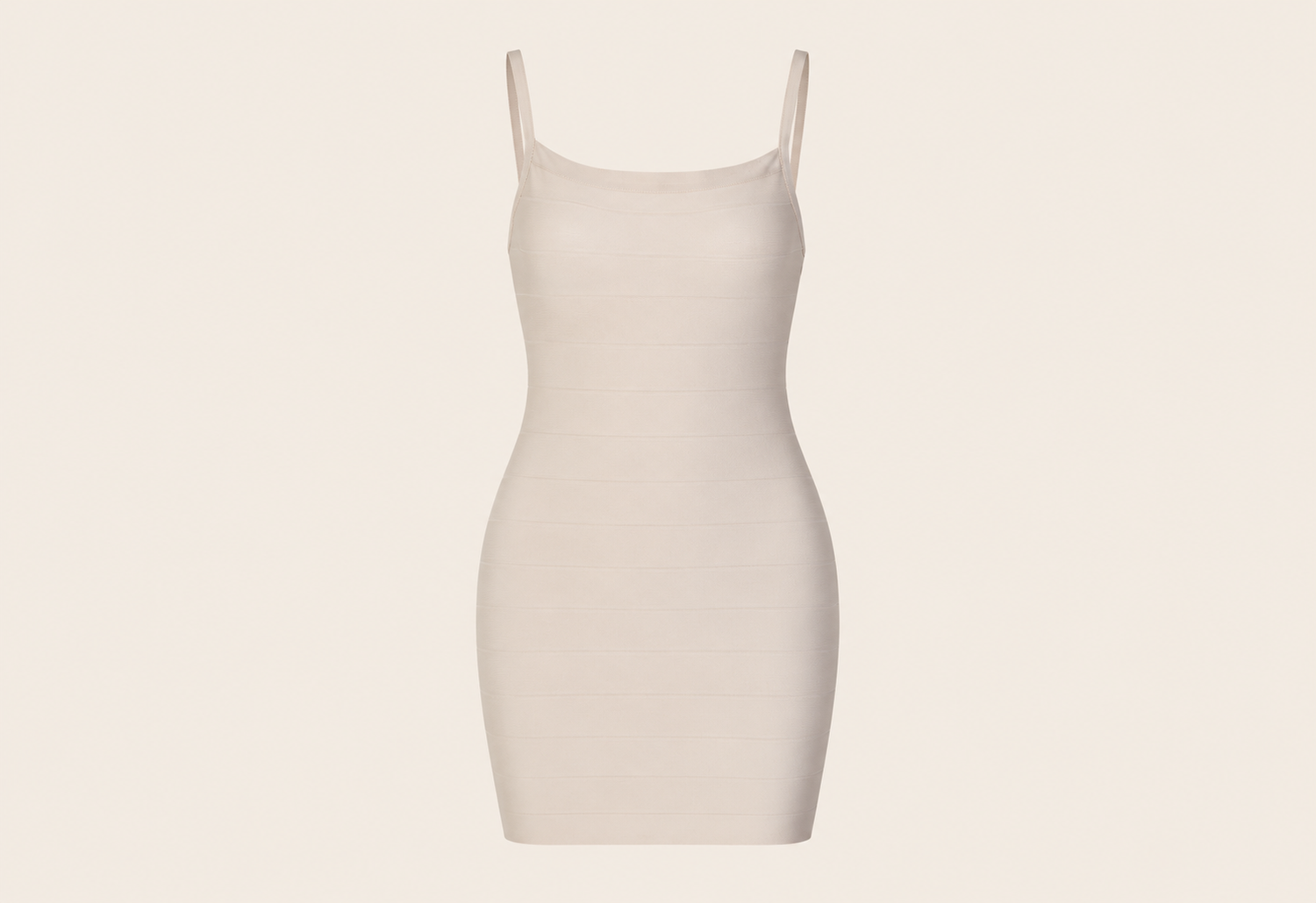 Robe courte ajustée à col rond — vêtement seul sur fond beige