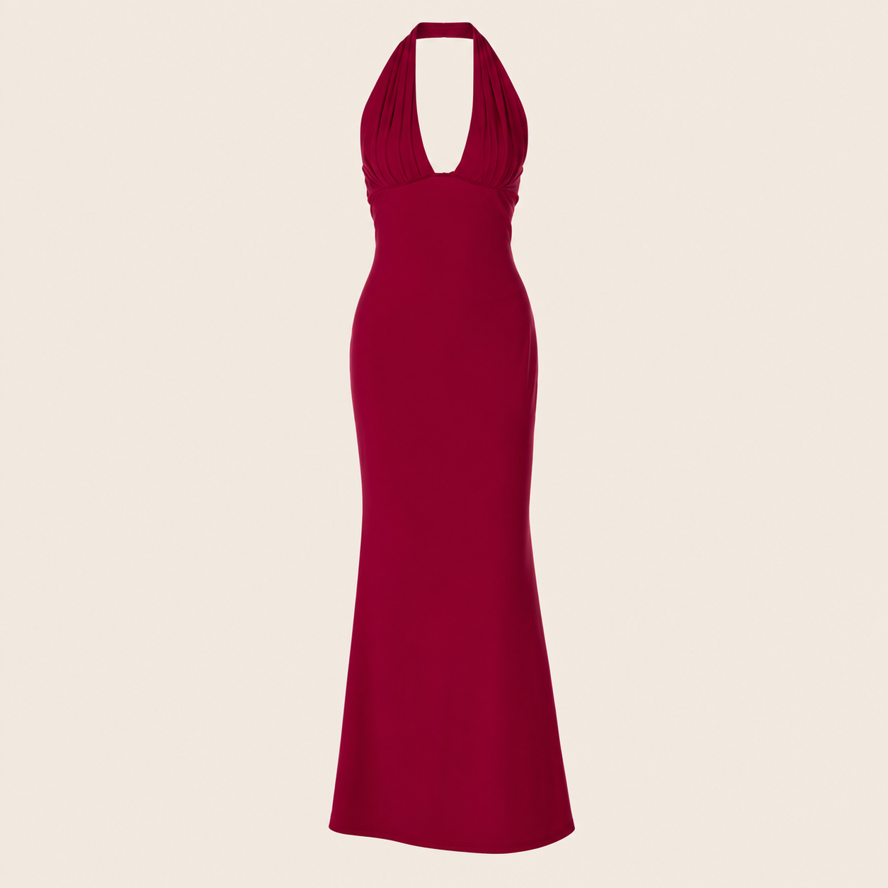 Robe longue dos nu froncée — vêtement seul sur fond beige