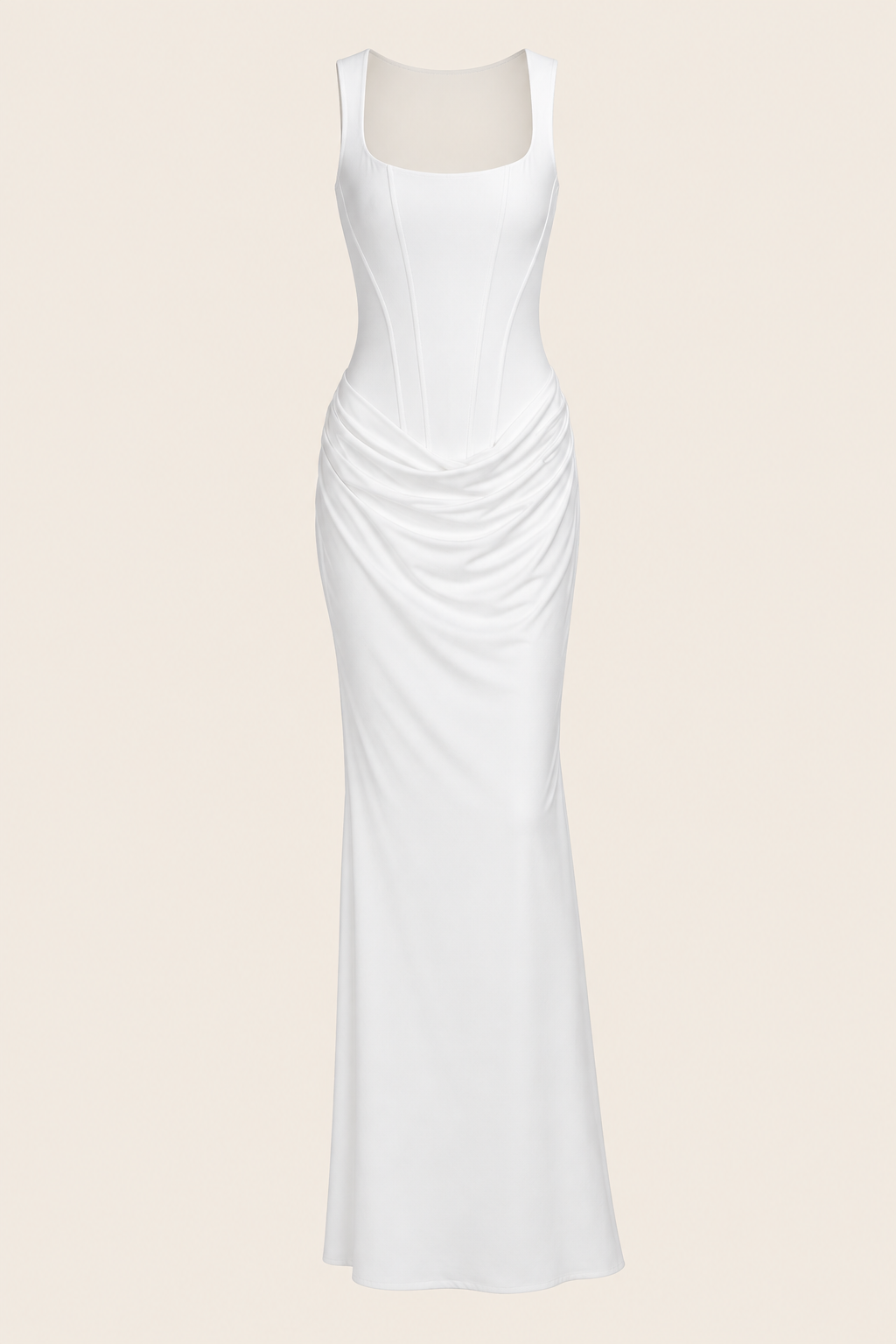 Robe longue à bustier structuré — vêtement seul sur fond beige