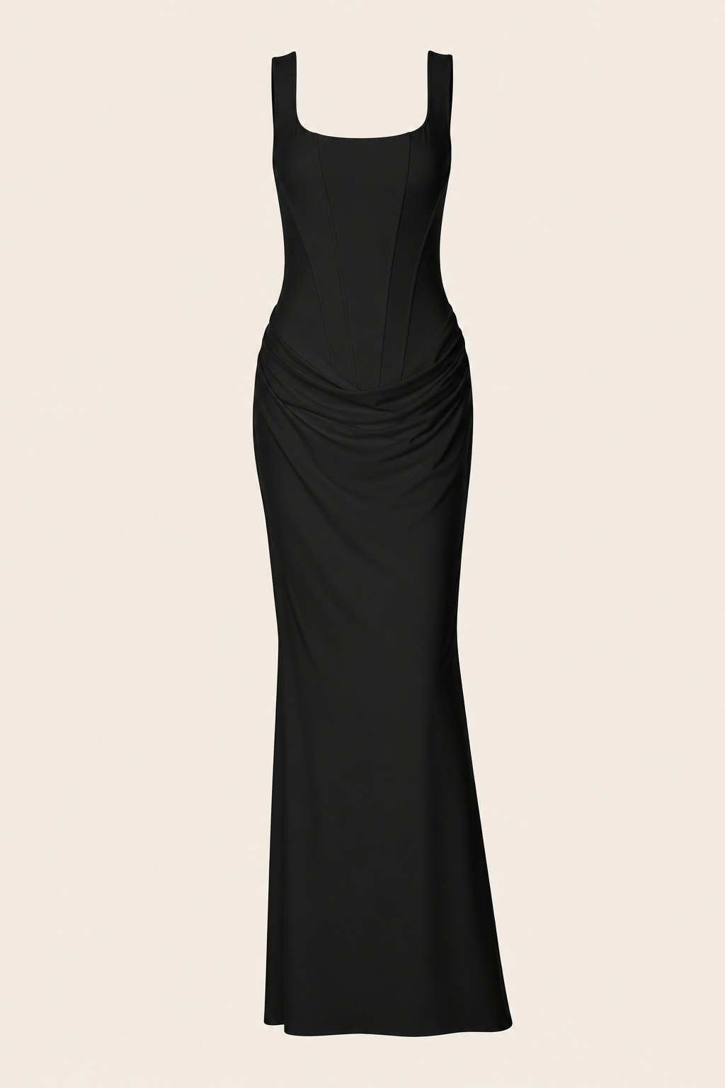 Robe longue à bustier structuré — vêtement seul sur fond beige